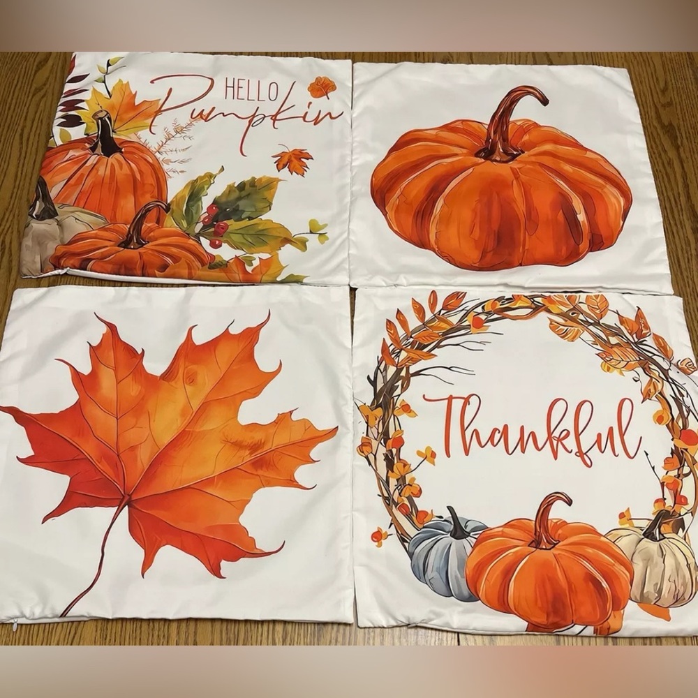 Pillow Covers Hello Pumpkin Size 17 x 17 Fall Thankful Country Set of 4 - NWOT